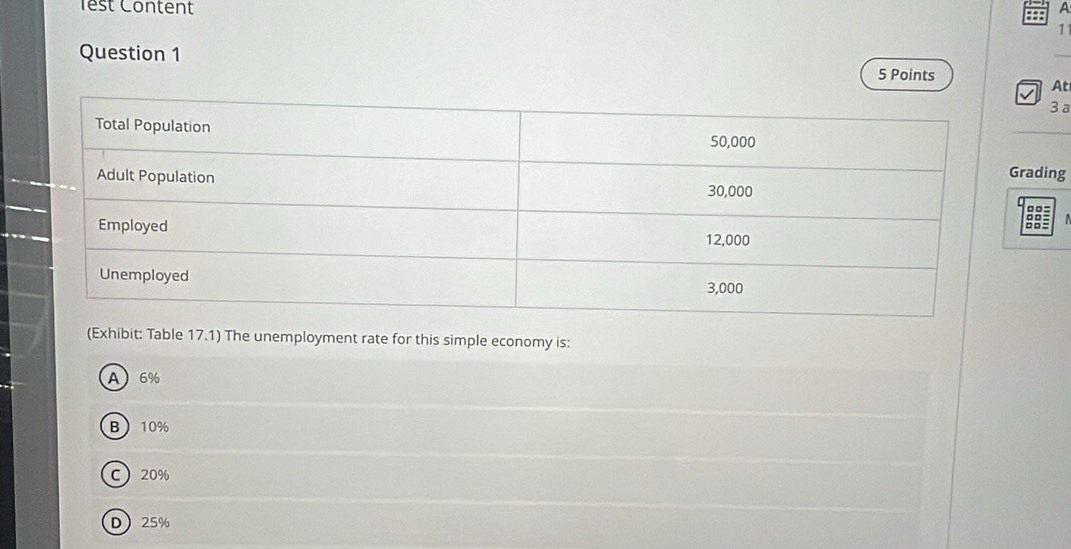 A
Test Content 1
Question 1 5 Points
At
3 a
rading
:
(Exhibit: Table 17.1) The unemployment rate for this simple economy is:
A6%
B 10%
C 20%
D 25%