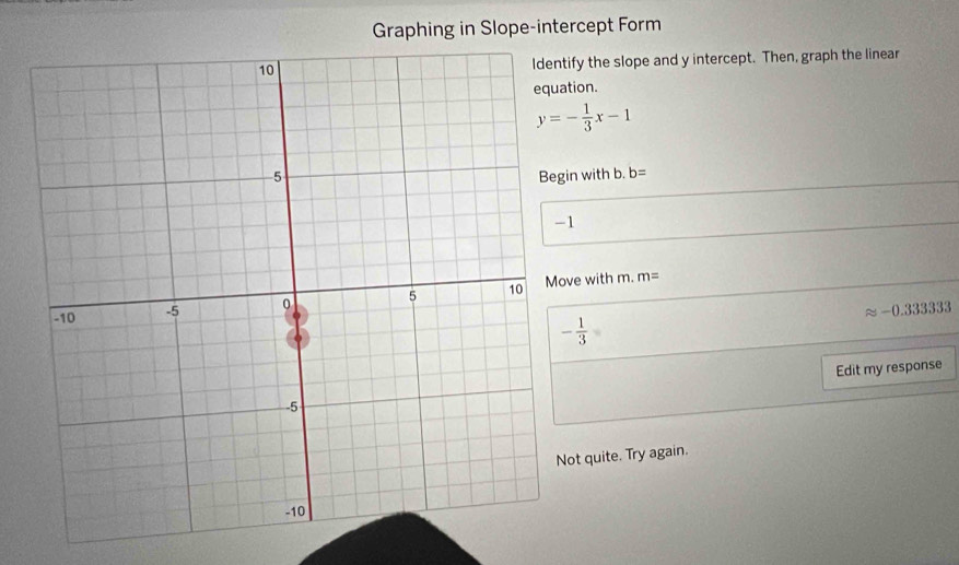 Graphing in Slope-intercept Form 
ify the slope and y intercept. Then, graph the linear 
equation.
y=- 1/3 x-1
in with b. b=
1 
ve with m.
m=
approx -0.333333
- 1/3 
Edit my response 
ot quite. Try again.