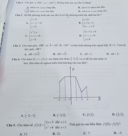 Cho góc ơ (90° <180°).  Kháng định nào sao đây là đùng?
A sinơ và case cùng đầu
O tanở và cose trài đầu. B. cot ơ và tan ở trải đầu
D. cot ơ và cosơ cùng đầu
Câu 2. Hệ bắt phương trình nào sao đây là hệ bắt phương trình bậc nhất hai ản ?
A. beginarrayl x>0 x-y^2<0. y≤ 0endarray. beginarrayl x≥ 0 x+3y<1 2x-y≤ 0endarray.
B.
C. beginarrayl x^2≥ y x+y<0. y<0endarray. beginarrayl 2x+3y≤ 0 x^2+y=0. y≥ 0endarray.
D.
Câu 3. Cho tam giác ABC có widehat A=30°.widehat B=105° và bản kính đường tròn ngoại tiếp R=2. . Tính độ
đài canh AB ?
A. AB=2sqrt(2). B. AB=sqrt(2). C. AB=1. D. AB=2.
Câu 4. Cho hàm số y=f(x) xác định trên đoạn [-2,3] và có đồ thị như hình vẽ
bên. Hỏi hàm số nghịch biển trên khoảng nào sau đây?
A. (-2;-1), B. (-1;1). C. (1;2). D. (2;3).
Câu 5. Cho hàm số f(x)=beginarrayl 2x+3khix≥ 1 x^2+4khix<1endarray.. Tính giá trị của biểu thức f(0)+f(3) ?
A. 13. B. 12. C. 7. D. -5.