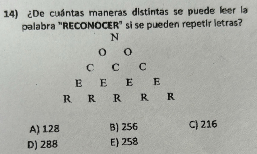 ¿De cuántas maneras distintas se puede leer la
palabra "RECONOCER" si se pueden repetir letras?
A) 128 B) 256
C) 216
D) 288 E) 258