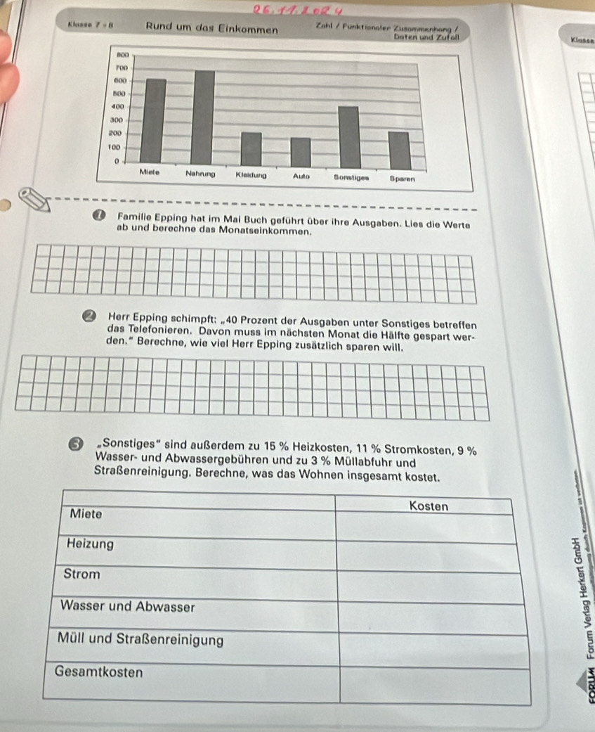 1 4 ã o2 
Klasse 7=8 Rund um das Einkommen Zahl / Funktianaler Zusammenhang / 
Daten und Zufoll Klasse 
D Familie Epping hat im Mai Buch geführt über ihre Ausgaben. Lies die Werte 
ab und berechne das Monatseinkommen. 
2 Herr Epping schimpft: „ 40 Prozent der Ausgaben unter Sonstiges betreffen 
das Telefonieren. Davon muss im nächsten Monat die Hälfte gespart wer- 
den." Berechne, wie viel Herr Epping zusätzlich sparen will. 
"Sonstiges” sind außerdem zu 15 % Heizkosten, 11 % Stromkosten, 9 %
Wasser- und Abwassergebühren und zu 3 % Müllabfuhr und 
Straßenreinigung. Berechne, was das Wohnen insgesamt kostet.