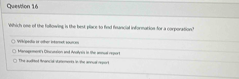 Which one of the following is the best place to find financial information for a corporation?
Wikipedia or other internet sources
Management's Discussion and Analysis in the annual report
The audited fnancial statements in the annual report