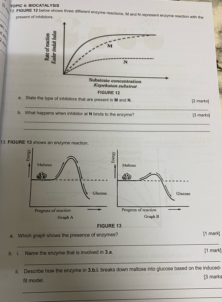 TOPIC 4: BIOCATALYSIS 
12. FIGURE 12 below shows three different enzyme reactions. M and N represent enzyme reaction with the 
present of inhibitors. 
25 
a. State the type of inhibitors that are present in M and N. [2 marks] 
_ 
b. What happens when inhibitor at N binds to the enzyme? [3 marks] 
_ 
_ 
13. FIGURE 13 shows an enzyme reaction. 
FIGURE 13 
a. Which graph shows the presence of enzymes? [1 mark] 
_ 
b. i. Name the enzyme that is involved in 3.a. [1 mark] 
_ 
ii. Describe how the enzyme in 3.b.i. breaks down maltose into glucose based on the induced- 
fit model. [3 marks 
_ 
_