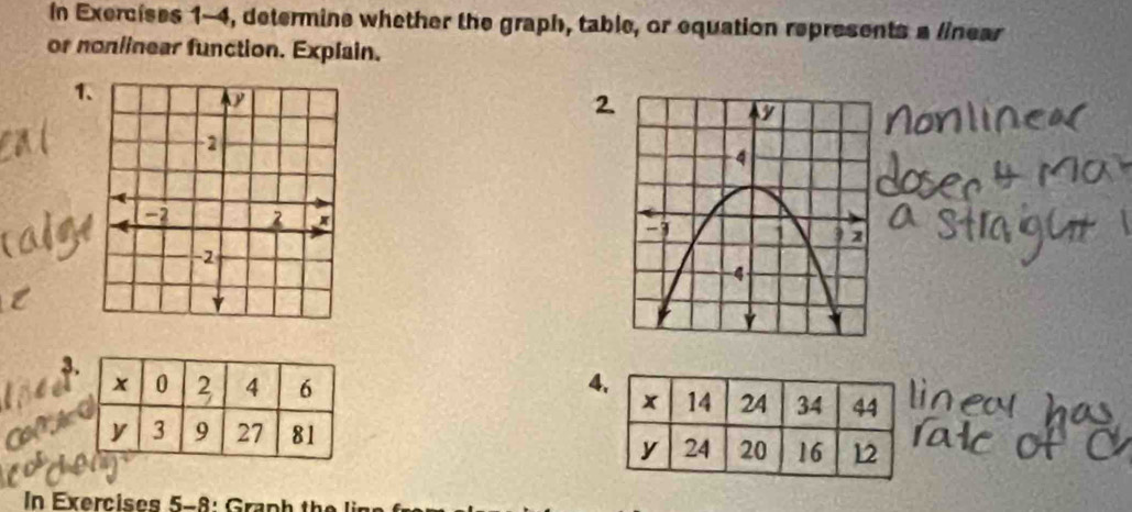 In Exercises 1-4, determine whether the graph, table, or equation represents a linear 
or nonlinear function. Explain. 
1 
2 
4 
In Exercises 5-8: Graph