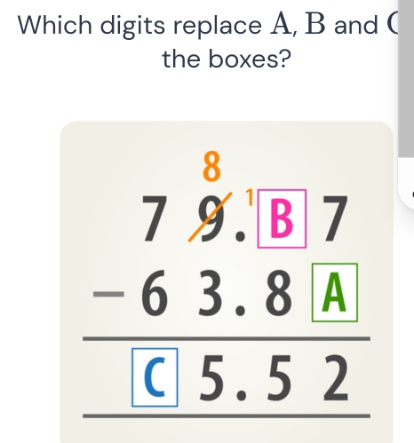 Which digits replace A, B and ( 
the boxes?