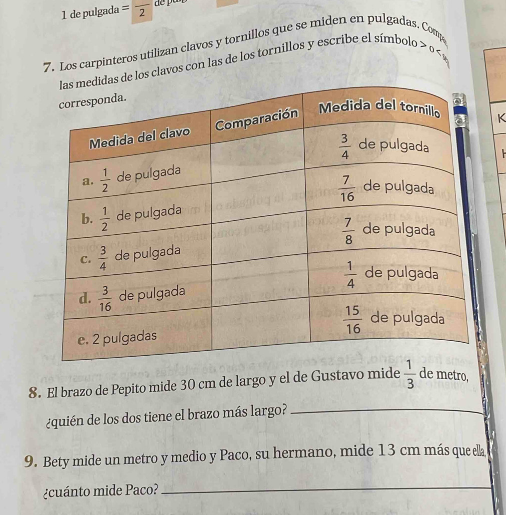 de pulgada =frac 2
7. Los carpinteros utilizan clavos y tornillos que se miden en pulgadas. Comp
os clavos con las de los tornillos y escribe el símbolo > 0 < 
K
8. El brazo de Pepito mide 30 cm de largo y el de Gustavo mide   1/3  de metro,
¿quién de los dos tiene el brazo más largo?_
9. Bety mide un metro y medio y Paco, su hermano, mide 13 cm más que ella
¿cuánto mide Paco?
_