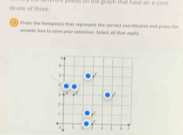 the dierent points on the graph that have an x-COOr=
dinate of three. 
Press the hotspot(s) that represent the correct coordinates and press the 
answer box to save your selection. Select all that apply.