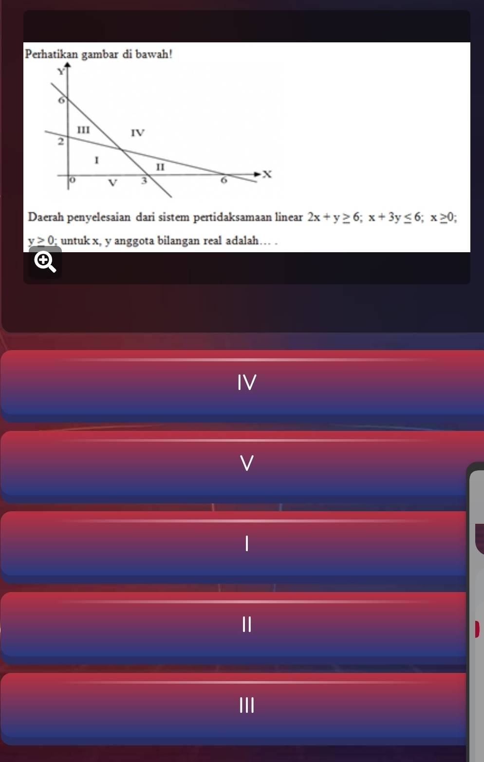 Perhatikan gambar di bawah! 
Daerah penyelesaian dari sistem pertidaksamaan linear 2x+y≥ 6; x+3y≤ 6; x≥ 0;
y≥ 0 untuk x, y anggota bilangan real adalah… . 
IV