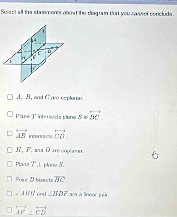 Select all the statements about the diagram that you cannot conclude.
A, B, and C are coplanar.
Plane T intersects plane S in overleftrightarrow BC.
overleftrightarrow AB intersects overleftrightarrow CD.
H, F, and D are coplanar.
Plane T⊥ plane S.
Point B bisects overline HC.
∠ ABH and ∠ HBF are a linear pair.
overleftrightarrow AF⊥ overleftrightarrow CD