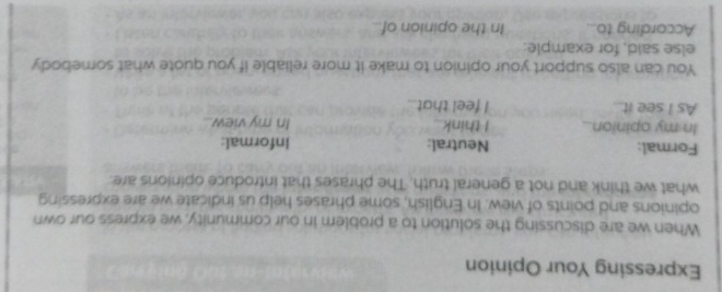 Expressing Your Opinion 
When we are discussing the solution to a problem in our community, we express our own 
opinions and points of view. In English, some phrases help us indicate we are expressing 
what we think and not a general truth. The phrases that introduce opinions are. 
Formal: Neutral: Informal: 
In my opinion. I think. In my view.. 
As I see it.... I feel that. 
You can also support your opinion to make it more reliable if you quote what somebody 
else said, for example: 
According to... In the opinion of..