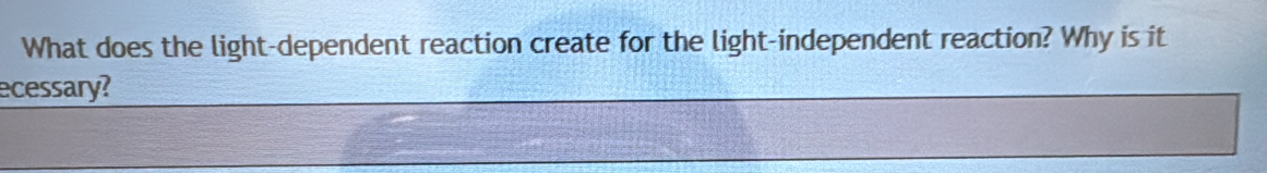 What does the light-dependent reaction create for the light-independent reaction? Why is it 
ecessary?