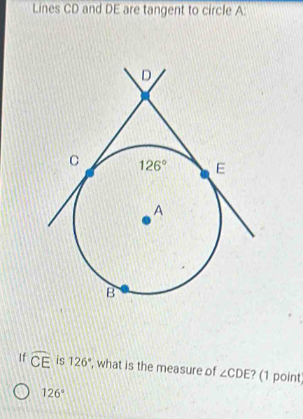 Lines CD and DE are tangent to circle A:
If widehat CE is 126° , what is the measure of ∠ CDE ? (1 point)
126°