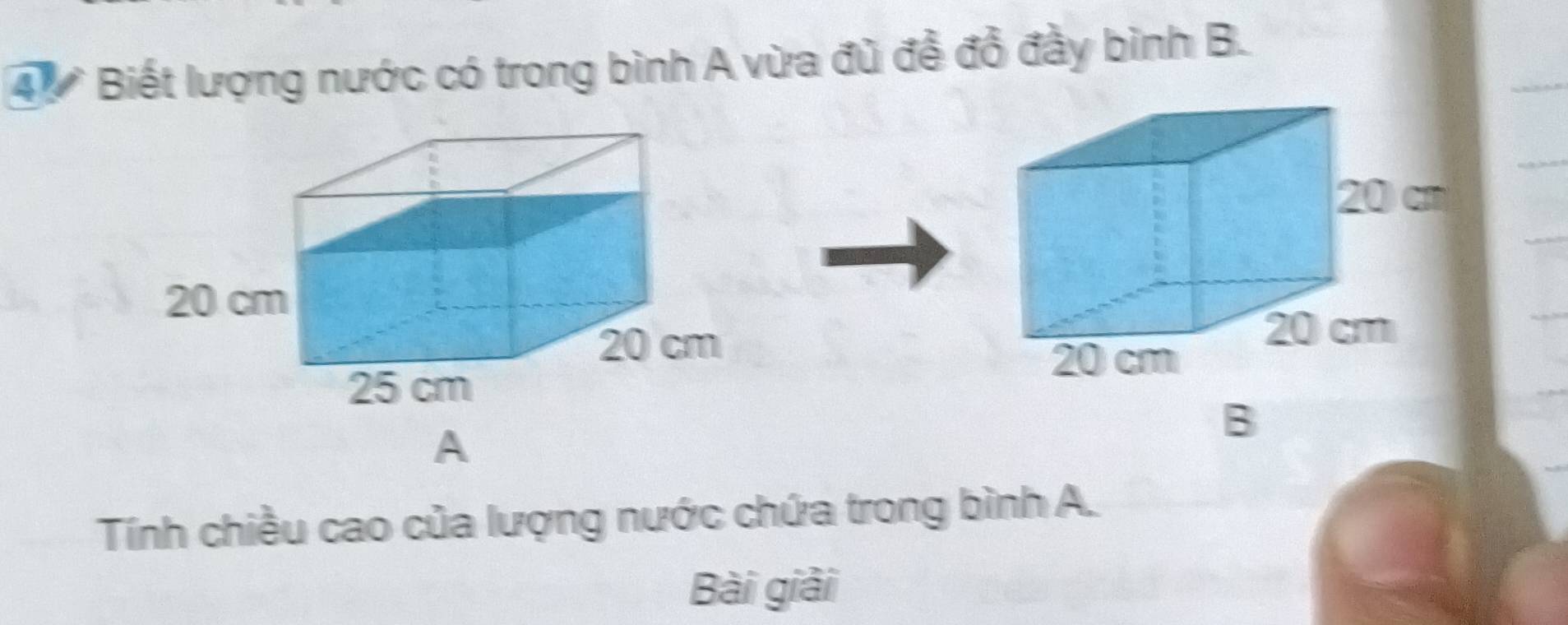 4V Biết lượng nước có trong bình A vừa đủ đễ đồ đầy bình B. 
A 
B 
Tính chiều cao của lượng nước chứa trong bình A. 
Bài giải