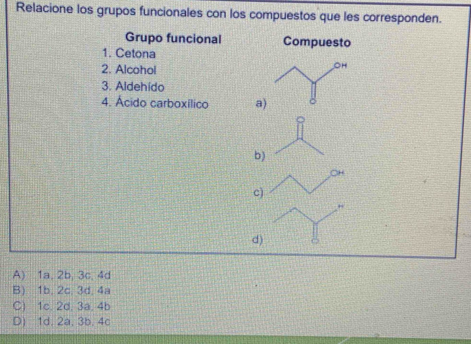 Relacione los grupos funcionales con los compuestos que les corresponden.
Grupo funcional Compuesto
1. Cetona
2. Alcohol
3. Aldehído
4. Ácido carboxílico a)
b)
c
d)
A) 1a, 2b, 3c, 4d
B) 1b, 2c, 3d, 4a
C) 1c. 2d. 3a, 4b
D) 1d. 2a, 3b, 4c