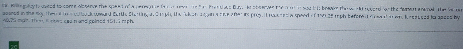 Dr. Billingsley is asked to come observe the speed of a peregrine falcon near the San Francisco Bay. He observes the bird to see if it breaks the world record for the fastest animal. The falcon 
soared in the sky, then it turned back toward Earth. Starting at 0 mph, the falcon began a dive after its prey. It reached a speed of 159.25 mph before it slowed down. It reduced its speed by
40.75 mph. Then, it dove again and gained 151.5 mph.
20