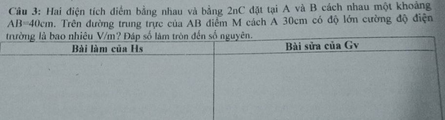 Hai điện tích điểm bằng nhau và bằng 2nC đặt tại A và B cách nhau một khoảng
AB=40cm. Trên đường trung trực của AB điểm M cách A 30cm có độ lớn cường độ điện