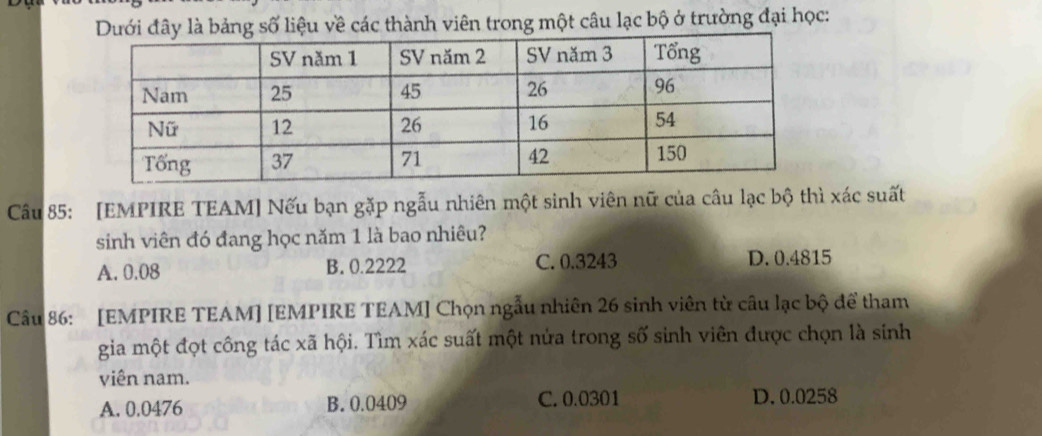 Dưới đây là bảng số liệu về các thành viên trong một câu lạc bộ ở trường đại học:
Câu 85: [EMPIRE TEAM] Nếu bạn gặp ngẫu nhiên một sinh viên nữ của câu lạc bộ thì xác suất
sinh viên đó đang học năm 1 là bao nhiêu?
A. 0.08 B. 0.2222 C. 0.3243 D. 0.4815
Câu 86: [EMPIRE TEAM] [EMPIRE TEAM] Chọn ngẫu nhiên 26 sinh viên từ câu lạc bộ để tham
gia một đọt công tác xã hội. Tìm xác suất một nửa trong số sinh viên được chọn là sinh
viên nam.
A. 0.0476 B. 0.0409 C. 0.0301 D. 0.0258