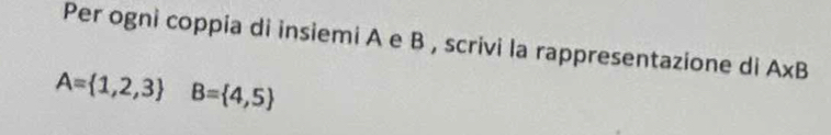 Per ogni coppia di insiemi A e B , scrivi la rappresentazione di A* B
A= 1,2,3 B= 4,5