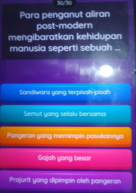 30/30
Para penganut aliran
post-modern
mengibaratkan kehidupan
manusia seperti sebuah ...
Sandiwara yang terpisah-pisah
Semut yang selalu bersama
Pangeran yang memimpin pasukannya
Gajah yang besar
Prajurit yang dipimpin oleh pangeran