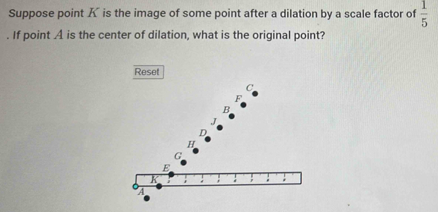 Suppose point is the image of some point after a dilation by a scale factor of  1/5 . If point A is the center of dilation, what is the original point? 
Reset
C
F
B
J
D
H
G
E
K
: ; ; ;
A