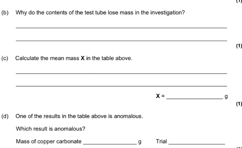 Why do the contents of the test tube lose mass in the investigation? 
_ 
_ 
(1) 
(c) Calculate the mean mass X in the table above. 
_ 
_
X= _
g
(1) 
(d) One of the results in the table above is anomalous. 
Which result is anomalous? 
Mass of copper carbonate_ g Trial_