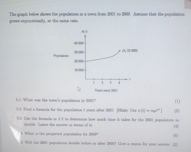 The graph below shows the population in a town from 2001 to 2005 Assume that the population 
grows exponentially, at the same rate.
n(t)
40 000
30 000
(4,32000)
Population
20 000
10 000
t
1 2 3 4
Years since 2001
5.1 What was the town's population in 2001? (1) 
5.2 Find a formula for the population t years after 2001 [Hint: Use n(t)=n_0e^(rt)] (5) 
5.3 Use the formula in 5 2 to determıne how much time it takes for the 2001 population to 
double Leave the answer in terms of ln (4) 
4 What 1s the projected population for 2009? (6) 
5 Will the 2001 population double before or after 2009? Give a reason for your answer (2)