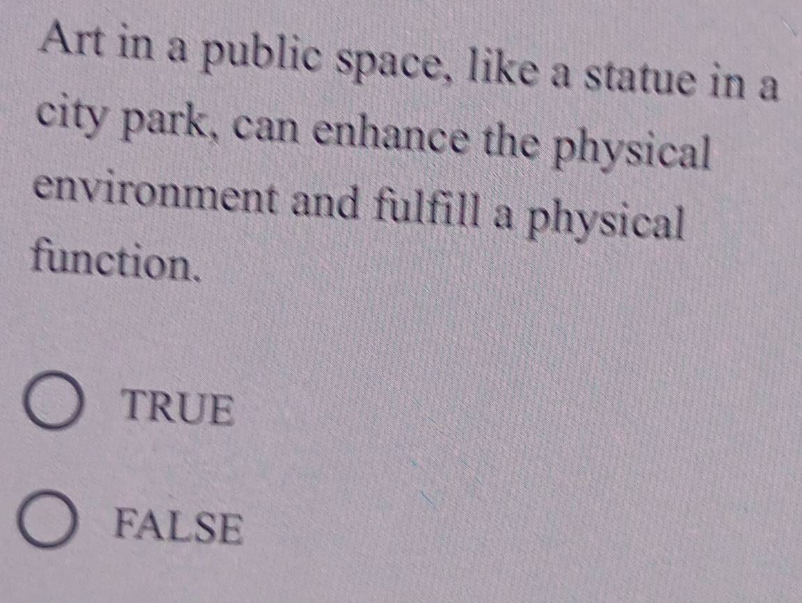 Art in a public space, like a statue in a
city park, can enhance the physical
environment and fulfill a physical
function.
TRUE
FALSE