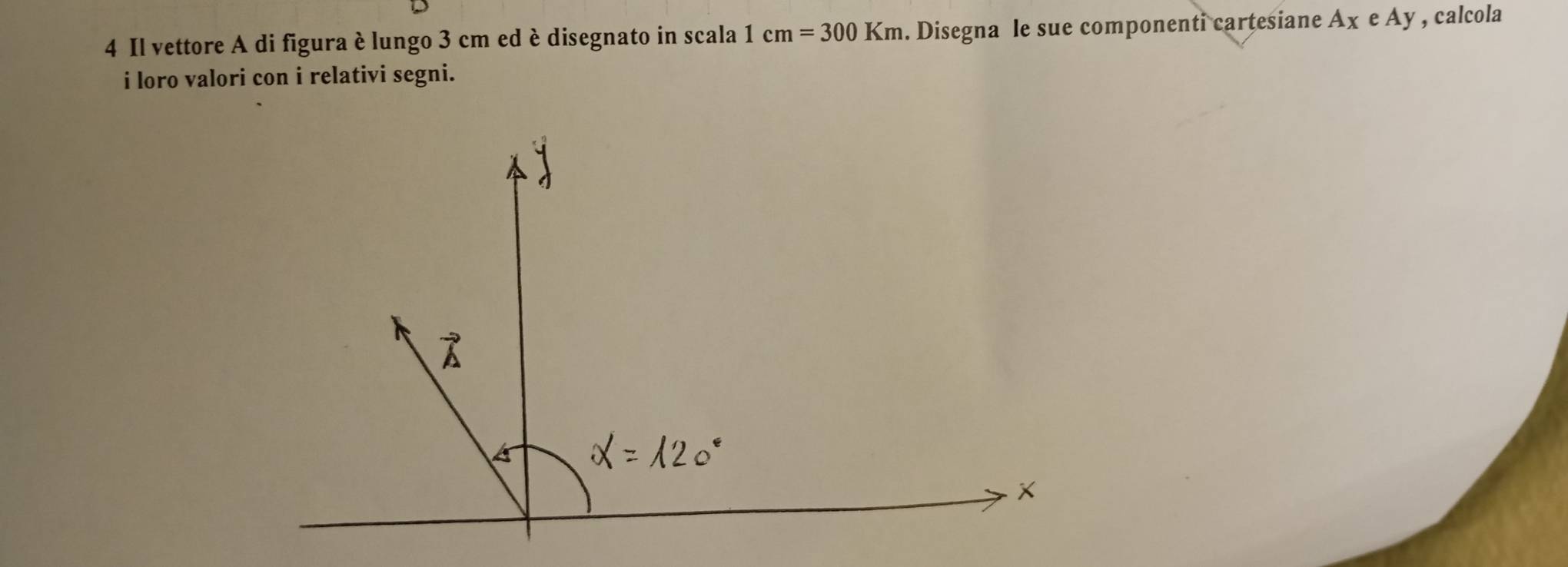 Il vettore A di figura è lungo 3 cm ed è disegnato in scala 1cm=300Km. Disegna le sue componenti cartesiane AxeAy , calcola 
i loro valori con i relativi segni.