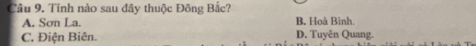 Cầu 9. Tinh nào sau đây thuộc Đông Bắc?
A. Sơn La. B. Hoà Bình.
C. Điện Biên. D. Tuyên Quang.
