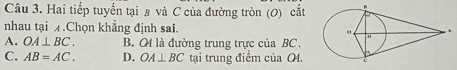 Hai tiếp tuyến tại в và C của đường tròn (0) cắt
nhau tại 4.Chọn khẳng định sai.
A. OA⊥ BC. B. Q là đường trung trực của BC.
C. AB=AC. D. OA⊥ BC tại trung điểm của Q.