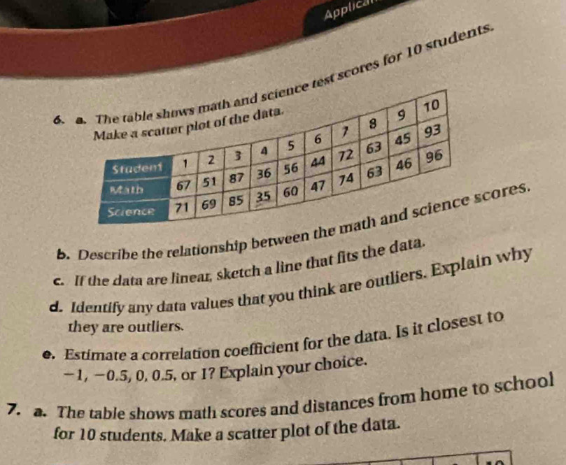 Applica 
test scores for 10 students 
b. Describe the relationship between thcores 
c. If the data are linear, sketch a line that fits the data. 
d. Identify any data values that you think are outliers. Explain why 
they are outliers. 
e. Estimate a correlation coefficient for the data. Is it closest to
-1, −0.5, 0, 0.5, or 1? Explain your choice. 
7. a. The table shows math scores and distances from home to school 
for 10 students. Make a scatter plot of the data.