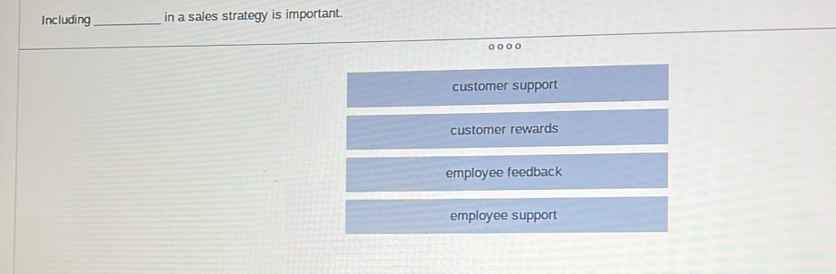 Including _in a sales strategy is important.
customer support
customer rewards
employee feedback
employee support