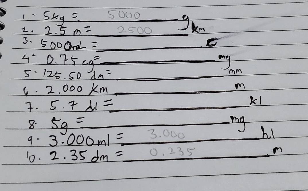 1- 
_ 
_ 
2、 
3、 5000mL=_ c _ 
4 0.75cg=_  _ my 
5· 125.50dm= _ 
_ 
mm
6. 2.000km _ _ r _ A 
. 5.7dl= _ _  _ * 1 
8. 5g=_  _ 
_ 
9.
_ hl
10. 
_