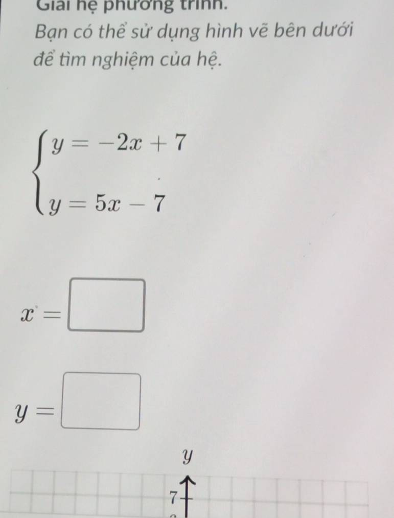 Giải hệ phương trình.
Bạn có thể sử dụng hình vẽ bên dưới
để tìm nghiệm của hệ.
beginarrayl y=-2x+7 y=5x-7endarray.
x=□
y=□