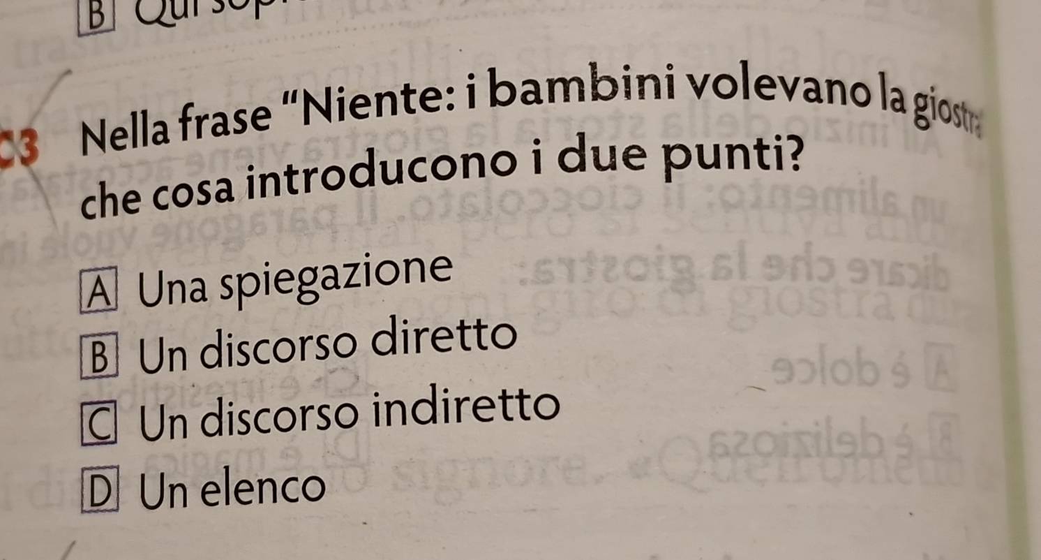 C3 Nella frase “Niente: i bambini volevano la giost
che cosa introducono i due punti?
A Una spiegazione
B Un discorso diretto
C Un discorso indiretto
D Un elenco