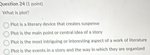 What is plot?
Plot is a literary device that creates suspense
Plot is the main point or central idea of a story
Plot is the most intriguing or interesting aspect of a work of literature
Plot is the events in a story and the way in which they are organized