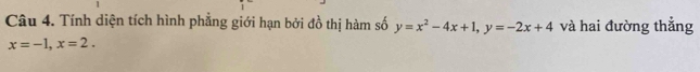 Tính diện tích hình phẳng giới hạn bởi đồ thị hàm số y=x^2-4x+1, y=-2x+4 và hai đường thắng
x=-1, x=2.