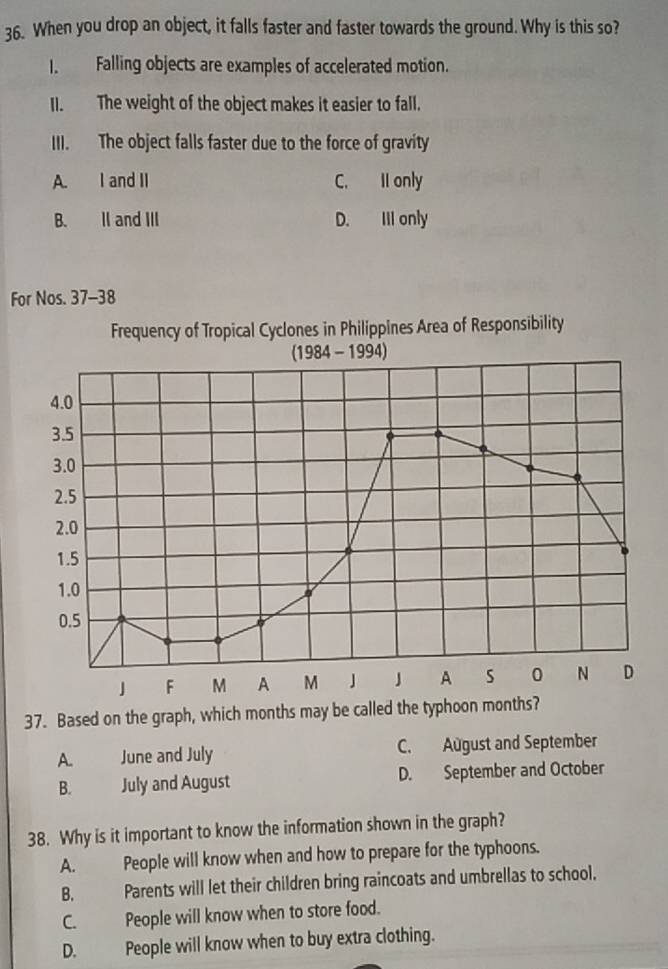 When you drop an object, it falls faster and faster towards the ground. Why is this so?
1. Falling objects are examples of accelerated motion.
II. The weight of the object makes it easier to fall.
III. The object falls faster due to the force of gravity
A. I and II C. II only
B. II and III D. III only
For Nos. 37-38
Frequency of Tropical Cyclones in Philippines Area of Responsibility
(1984 - 1994)
4.0
3.5
3.0
2.5
2.0
1.5
1.0
0.5
J F M A M 1 A s 0 N D
37. Based on the graph, which months may be called the typhoon months?
A. June and July C. August and September
B. July and August D. September and October
38. Why is it important to know the information shown in the graph?
A. People will know when and how to prepare for the typhoons.
B. Parents will let their children bring raincoats and umbrellas to school.
C. People will know when to store food.
D. People will know when to buy extra clothing.