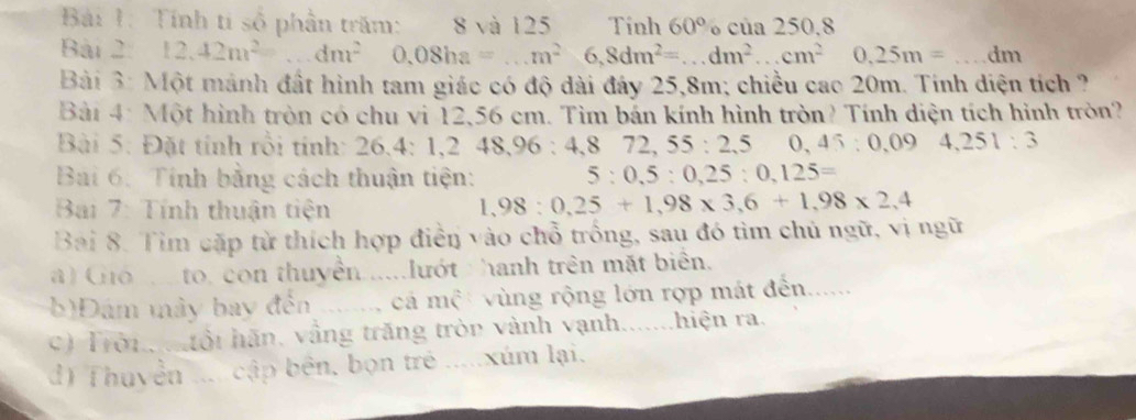 Tính ti số phần trăm: 8 và 125 Tinh 60° của 250.8
Bài 2: 12,42m^2=...dm^20,08ha=...m^26, 8dm^2=...dm^2...cm^2 _ □  0,25m= _ dm
Bài 3: Một mảnh đất hình tam giác có độ dài đáy 25,8m; chiều cao 20m. Tính diện tích ? 
Bài 4: Một hình tròn có chu vi 12,56 cm. Tìm bắn kính hình tròn? Tính diện tích hình tròn? 
Bài 5: Đặt tính rồi tính: 26.4 : 1, 248, 96 : 4, 872, 55:2,5 0, 45 : 0.094, 251:3
Bai 6. Tính bằng cách thuận tiện: 5:0,5:0,25:0,125=
Bai 7: Tính thuận tiện
1,98:0,25+1,98* 3,6+1,98* 2,4
Bai 8. Tìm cặp từ thích hợp điễn vào chỗ trống, sau đó tìm chủ ngữ, vị ngữ 
a ) Gio to, con thuyền......lướt hanh trên mặt biển, 
b)Đám mày bay đến _cá mwidehat C vùng rộng lớn rợp mát đến...... 
C) Trời. ổi hãn, vẫng trăng tròn vành vạnh.......hiện ra. 
d) Thuyền .... cập bên, bọn trẻ .....xúm lại.