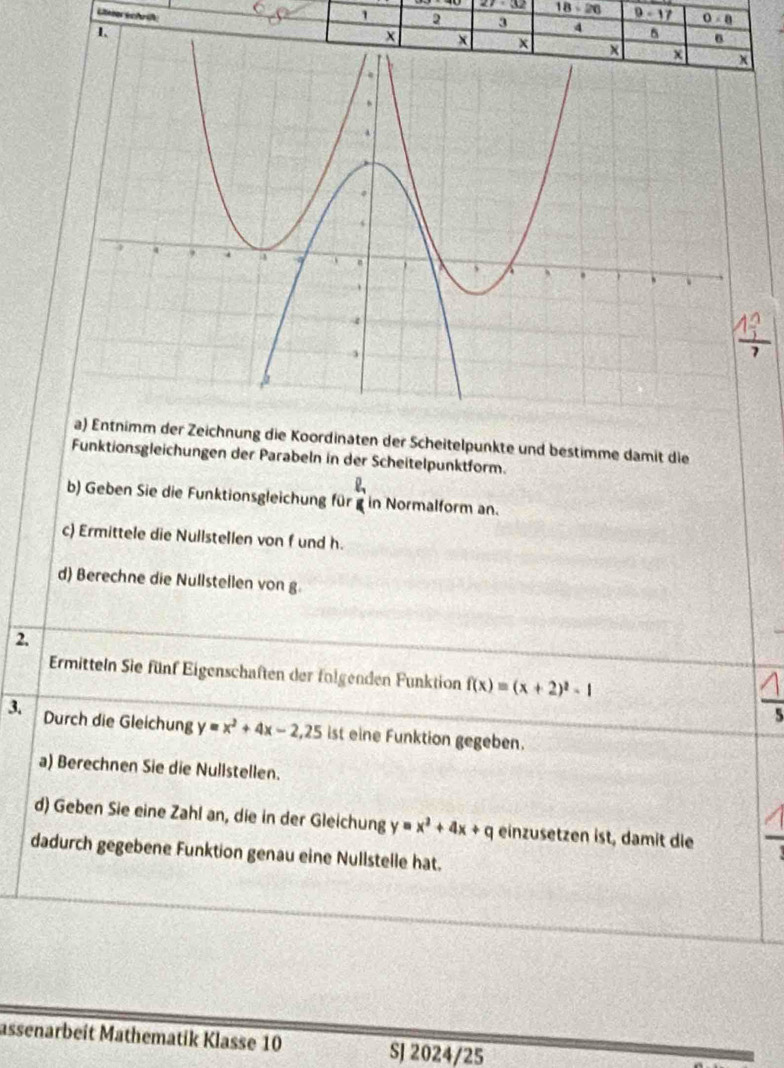 7:32 8sqrt(8)-20 9-17 O-8
1 2 3 4
Ler schrifk x x
1
a) Entnimm der Zeichnung die Koordinaten der Scheitelpunkte und bestimme damit die 
Funktionsgleichungen der Parabeln in der Scheitelpunktform. 
b) Geben Sie die Funktionsgleichung für g in Normalform an. 
c) Ermittele die Nullstellen von f und h. 
d) Berechne die Nullstellen von g
2. 
Ermitteln Sie fünf Eigenschaften der folgenden Funktion f(x)=(x+2)^2-1
5 
3. Durch die Gleichung y=x^2+4x-2, 25 ist eine Funktion gegeben. 
a) Berechnen Sie die Nullstellen. 
d) Geben Sie eine Zahl an, die in der Gleichung y=x^2+4x+q einzusetzen ist, damit die 
dadurch gegebene Funktion genau eine Nullstelle hat. 
assenarbeit Mathematik Klasse 10 
SJ 2024/25