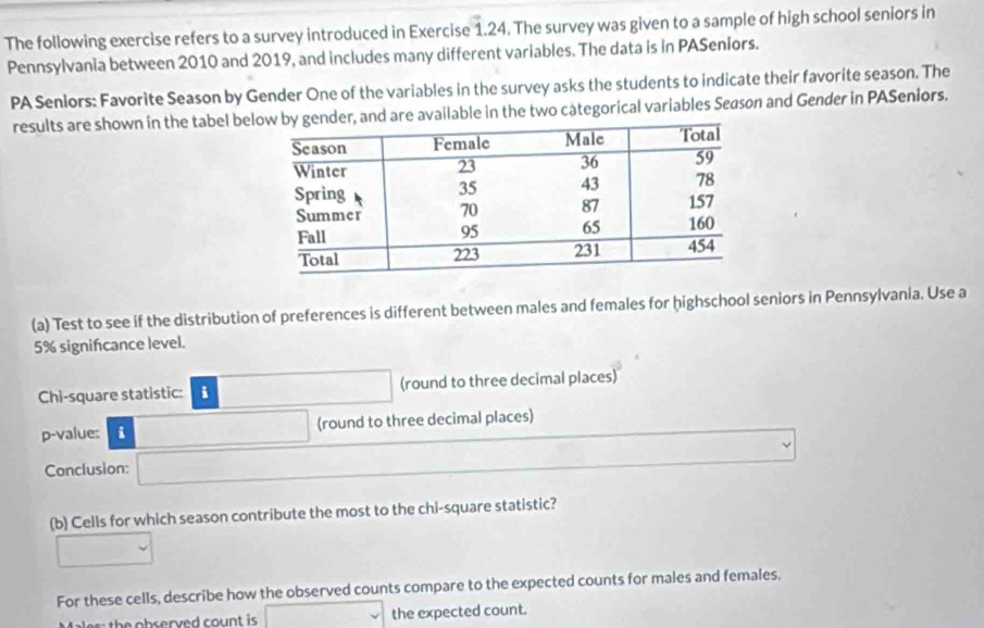 The following exercise refers to a survey introduced in Exercise 1.24. The survey was given to a sample of high school seniors in 
Pennsylvania between 2010 and 2019, and includes many different variables. The data is in PASeniors. 
PA Senlors: Favorite Season by Gender One of the variables in the survey asks the students to indicate their favorite season. The 
results are shown in the tabel belre available in the two categorical variables Season and Gender in PASeniors. 
(a) Test to see if the distribution of preferences is different between males and females for highschool seniors in Pennsylvania. Use a
5% signifcance level. 
Chi-square statistic: i (round to three decimal places) 
p-value: i (round to three decimal places) 
Conclusion: 
(b) Cells for which season contribute the most to the chi-square statistic? 
For these cells, describe how the observed counts compare to the expected counts for males and females, 
the expected count.