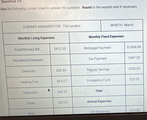 Use the following budget sheet to answer the question. Round to the nearest cent if necessary.