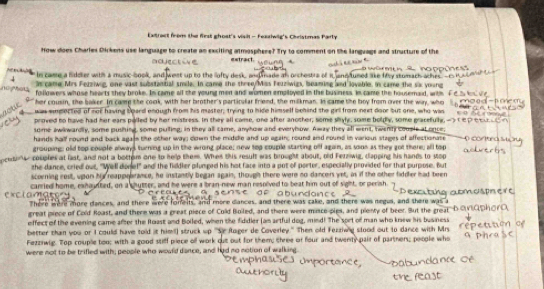 Extract from the fiest ghost's visit - Feaziwig's Christmas Parly
How does Charles Oickens use lanpaage to create an exciting atmosphene? Try to comment on the languope and structure of the
estract.
 Is came a liddler with a music-book, and west up to the liofty desk, and made as orchestra of it andluned like fify stomach aches. c         
In came Mrs Fezziwig, one vast substatital smile. In came the three Mss Fezziwigs, beaming and lovable, in came the six young
   
followers whose hearts they broke. In came all the young men and women employed in the business in came the housemaid, wth
her cousin, the baker. In came the cook, with her brother's particular friend, the milkman. In came the boy from over the way, who
was epected of not having board enough from his master; trying to hide himself behind the girll from next door but one, who was
proved to have had her ears polled by her mistress. In they all came, one after another; some shly, some boldly, some parefully,-)
some awkwardly, some pushing, some purling; in they all came, anyhowr and everybow. Away they all went, twenty couple at once;
hands hallf round and back again the other way; dlown the middle and up again; round and round in various stages of affectionuse
grouping; old top couple always turning up in the wrong place; new top couple starting off agam, as sone as they got there; all top
     
couphes at last, and not a bottem one to help them. When this result was brought about, old Ferziwig, clapping his hands to stop
zhe dance, cried out, "Well donel" and the fiddler plumped his hot face into a pot of porter, especially provided for that purpose. But
scoening rest, upon hi reappolrance, he instantly began again, though there were no-dancers yet, is if the other fiddler had been
carried home, exhaudted, on a shutter, and he were a bran-new man resplived to beat him out of sight, or perish abundance
There were more dances, and there were forelts, and more diances, and there was cake, and there was negus, and shere was a
great piece of Cold Roast, and there was a great piece of Cold Boiled, and there were masce-pies, and pienty of been. But the great
effect of the evening came after the Roast and Bolled, when the fiddier (an artful dog, mind! The sort of man who knew his business
better than you or I could have told it him) struck up "Sr Roger de Coverley." Then old Fezziwng stood out to dance with Mrs
Fezziwig. Top couple tou; with a good stiff prece ofl work out out for them; three of four and twenty pair of partners; people who
were not to be trifled with; people who would dance, and had no notion of walking.