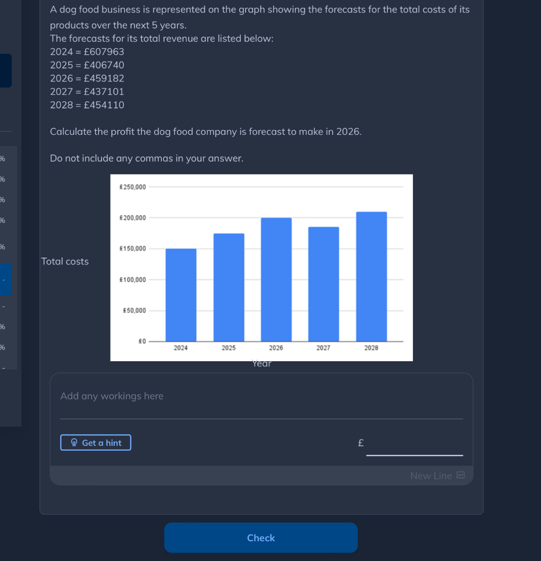 A dog food business is represented on the graph showing the forecasts for the total costs of its 
products over the next 5 years. 
The forecasts for its total revenue are listed below:
2024=£607963
2025=£406740
2026=£459182
2027=£437101
2028=£454110
Calculate the profit the dog food company is forecast to make in 2026. 
Do not include any commas in your answer. 
X
%
%
Total costs 
Add any workings here 
Get a hint a 
_ 
New Line [ 
Check