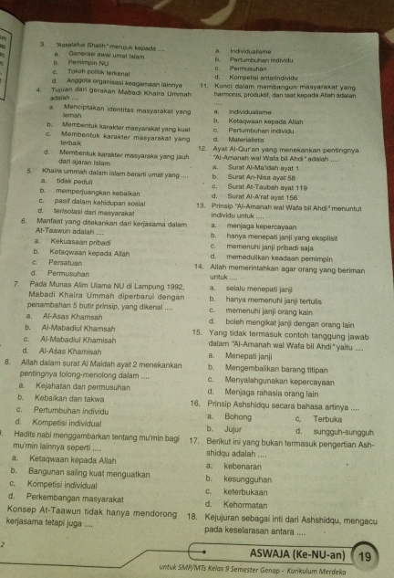 ''Assalafua Shath'' merujuk kepada a.  Individuatisme
b. Pemimpin NU a. Generasi awal umat Islam
b. Pertumbuhan individu
c. Tokoh politik terkenal c. Permusuhan
d. Anggofa organisasi keagamaan lainnya d. Kompetis antarndiddu
4. Tujuan dari gerakan Mabadi Khaira Ummah 11. Kunci dalam membangun masyarakat yang
hanmonis, produktif, dan taat kepada Allah adalan
adaiah ....
Mencíptakan identitas masyarakat yan a. Individualisme
Merah
b. Membentuk karaktor masyarakat yang kuat b. Ketaqwaan kepada Allah
c. Membentuk karakter masyarakat yang d. Materia ists c. Pertumbuhan individu
terbaik
d. Membentuk karakter masyaraka yang jauh 12. Ayat Al-Qur'an yang menekankan pentingnya
''Ai-Amanah wal Wafa bil Ahdi '' adaiah
dari ajaran islam a. Surat Al-Ma'idah ayat 1
5. Khaira ummah dalam islam berarti umat yang .... b. Surat An-Nisa ayat 58
a. tidak pedul c. Surat At-Taubah ayat 119
B memperjuangkan kəbäikan d. Surat Al-A'raf ayat 156
c. pasif dalam kəhidupan scsial incividu untuk
d. terisolasi dari masyaraka 13. Prinsip ''Al-Amanah wal Wafa bil Ahdi' menuntut
6. Manfaat yang ditəkankan dari kerjasama dalam a. menjaga kepercayaan
At-Taawun adalah .... b. hanya menepati janji yang eksplisit
a. Kekuasaan pribadi c. memenuhi janji pribadi saja
b. Ketaqwaan kepada Aliah d. memedulikan keadaan pemimpin
c. Persatuan 14, Allah memerintahkan agar orang yang beriman
d Permusuhan untuk ....
7. Pada Munas Alim Uïama NU di Lampung 1992, a. selalu menepati jar
Mabadi Khaira Ummah diperbarui dengan b. hanya memenuhi janji tertulis
penambahan 5 butir prinsip, yang dikenal .... c. memenuhi ]anji orang kain
a. Ai-Asas Khamsah d. boleh mengikat janji dengan orang lain
b. Al-Mabadiul Khamsah 15. Yang tidak termasuk contoh tanggung jawab
c. Al-Mabadiul Khamisah dalam ''Al-Amanah wal Wafa bil Ahdi' yaitu ....
d. Ai-Asas Khamisah a. Menepati janji
8. Allah daïam surat Ai Maidah ayat 2 menekankan b. Mengembalikan barang titipan
pentingnya tolong-menolong dalam .... c. Menyalahgunakan kepercayaan
a. Kejahatan dan permusuhan d. Menjaga rahasia orang lain
b. Kebaikan dan takwa 16. Prinsip Ashshidqu secara bahasa artinya ....
c. Pertumbuhan indīvídu a. Bohong
d. Kompetisi individual b， Jujur d. sungguh-sungguh c, Terbuka
, Hadits nabi menggambarkan tentang mư'min bagi 17. Berikut ini yang bukan termasuk pengertian Ash-
mu'min lainnya seperti .... shidou adalah ....
a. Ketaqwaan kepada Allah a kebenaran
b. Bangunan saling kuat menguatkan b. kesungguhan
c. Kompetisi individual c. keterbukaan
d. Perkembangan masyarakat d. Kehormatan
Konsep At-Taawun tidak hanya mendorong 18. Kejujuran sebagai inti dari Ashshidqu, mengacu
kerjasama tetapi juga .... pada keselarasan antara ....
2 ASWAJA (Ke-NU-an) 19
untuk SMP/MTs Kelas 9 Semester Genap - Kurikulum Merdeka