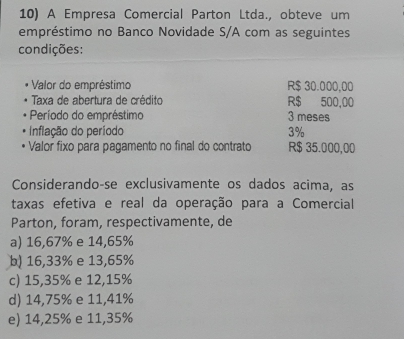 A Empresa Comercial Parton Ltda., obteve um
empréstimo no Banco Novidade S/A com as seguintes
condições:
Valor do empréstimo R$ 30.000,00
Taxa de abertura de crédito R$ 500,00
Período do empréstimo 3 meses
Inflação do período 3%
Valor fixo para pagamento no final do contrato R$ 35.000,00
Considerando-se exclusivamente os dados acima, as
taxas efetiva e real da operação para a Comercial
Parton, foram, respectivamente, de
a) 16,67% e 14,65%
b) 16,33% e 13,65%
c) 15,35% e 12,15%
d) 14,75% e 11,41%
e) 14,25% e 11,35%