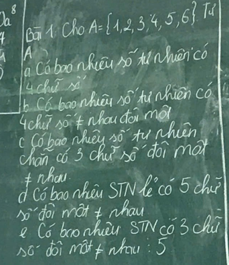 Bāi 1 Cho A= 1,2,3,4,5,6 TV
a
A
a Cabao nhueu so funhēncó
Lchu s
b Có bao nhuén 10° tNhien có
4chī s0't Nhau doi mo
cCobao nhuey so t nhcén
chán có 3 chúǐsō doi max
whou
d cǒbao nhen STNeco 5 chu?
sodoi mat t whau
e Co bao nhèi STNc03 chui
só doi máif whau: 5