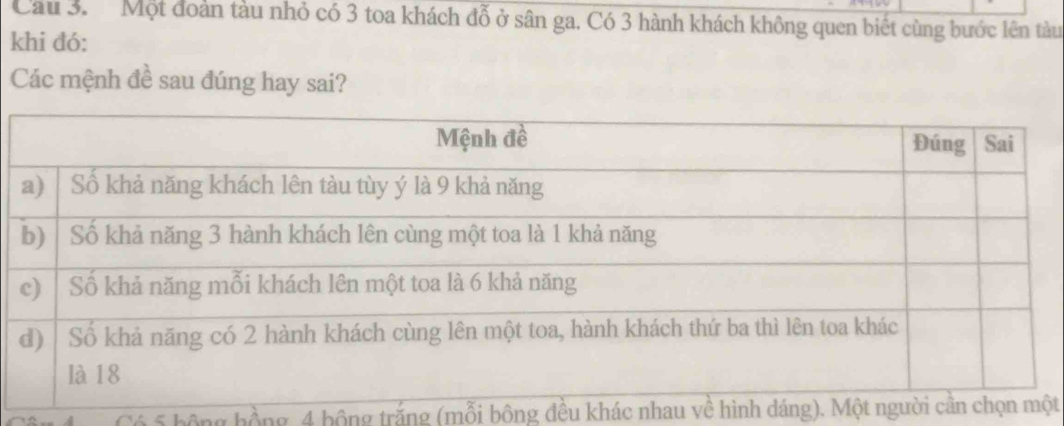 Cầu 3. Một đoàn tàu nhỏ có 3 toa khách đỗ ở sân ga. Có 3 hành khách không quen biết cùng bước lên tàu 
khi đó: 
Các mệnh đề sau đúng hay sai? 
ó 5 bộng hồng, 4 bộng trắng (mỗi bông đều khác nhau về hình dáột