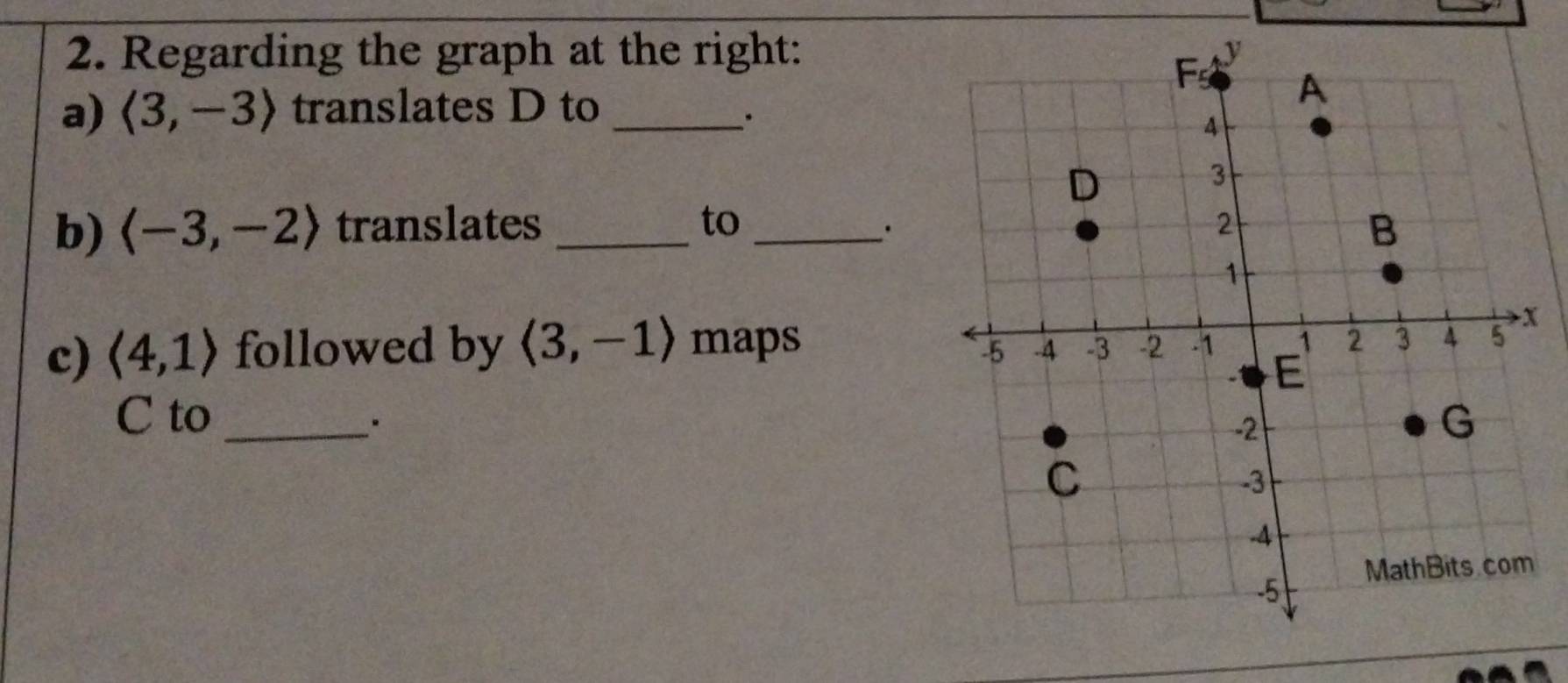 Regarding the graph at the right: 
a) langle 3,-3rangle translates D to_ 
. 
b) langle -3,-2rangle translates _to 
c) langle 4,1rangle followed by langle 3,-1rangle maps 
C to _