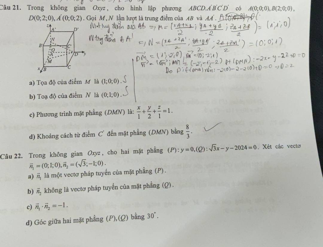 Trong không gian Oxyz , cho hình lập phương ABC D. A'B'C'D' có A(0;0;0),B(2;0;0),
D(0;2;0),A'(0;0;2).  Gọi M, N lần lượt là trung điểm của AB và AA .
a) Tọa độ của điểm M là (1;0;0)
b) Toạ độ của điểm N là (0;1;0).
c) Phương trình mặt phẳng (DMN) là:  x/1 + y/2 + z/1 =1.
d) Khoảng cách từ điểm C' đến mặt phẳng (DMN) bằng  8/3 .
Câu 22. Trong không gian Oxyz , cho hai mặt phẳng (P): y=0,(Q):sqrt(3)x-y-2024=0. Xét các vecto
vector n_1=(0;1;0),vector n_2=(sqrt(3);-1;0).
a) vector n_1 là một vectơ pháp tuyến của mặt phẳng (P) .
b) vector n_2 không là vectơ pháp tuyến của mặt phẳng (Q) .
c) vector n_1· vector n_2=-1.
d) Góc giữa hai mặt phẳng ; (P),(Q) bằng 30°.